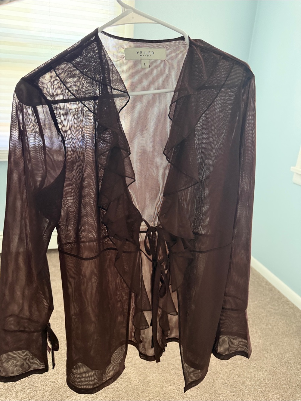 Sheer Ruffle Tie-Front Top - brown